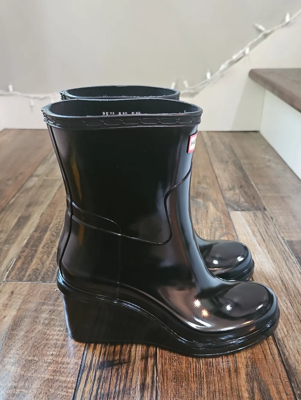 New! Hunter Wedge Heel Black Gloss Mid-Calf Rain Boots - Women's Waterproof